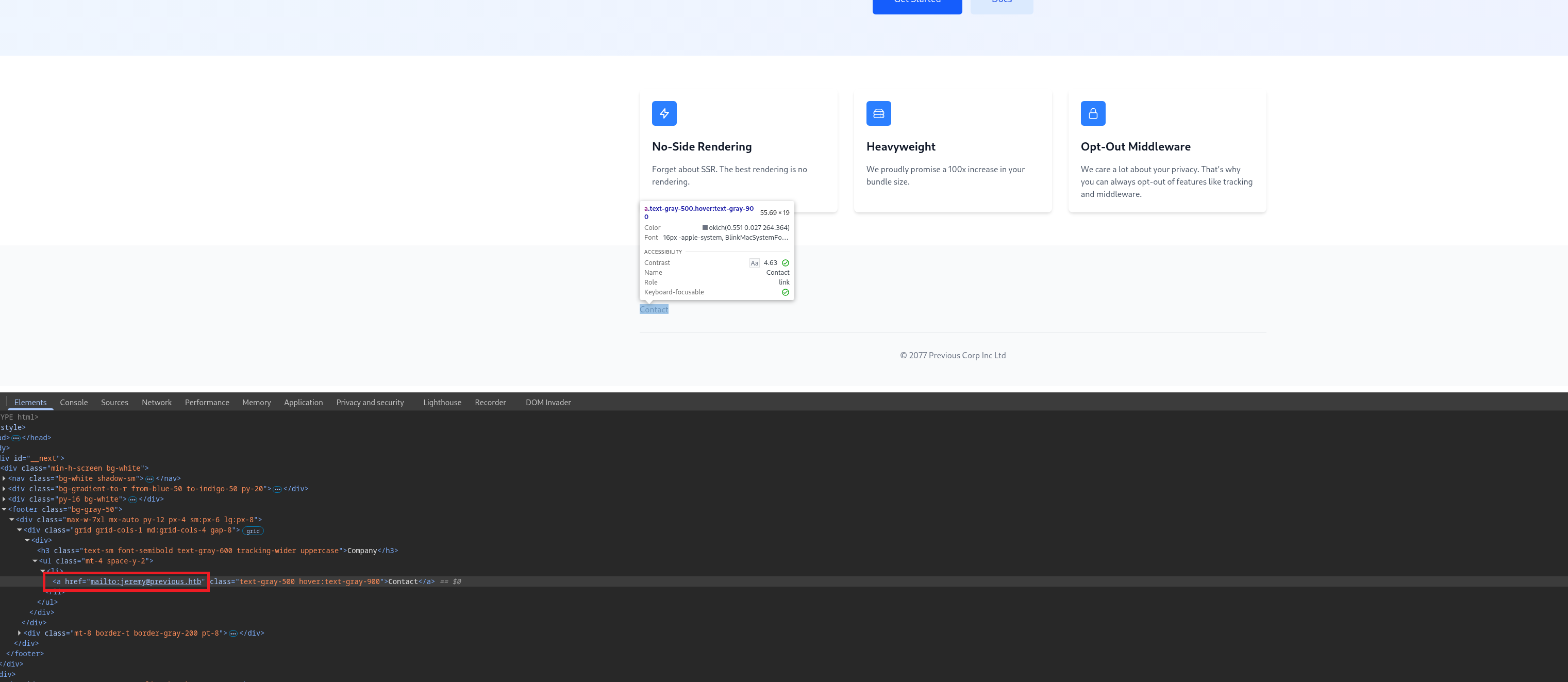 HTML source code revealing jeremy@previous.htb email address